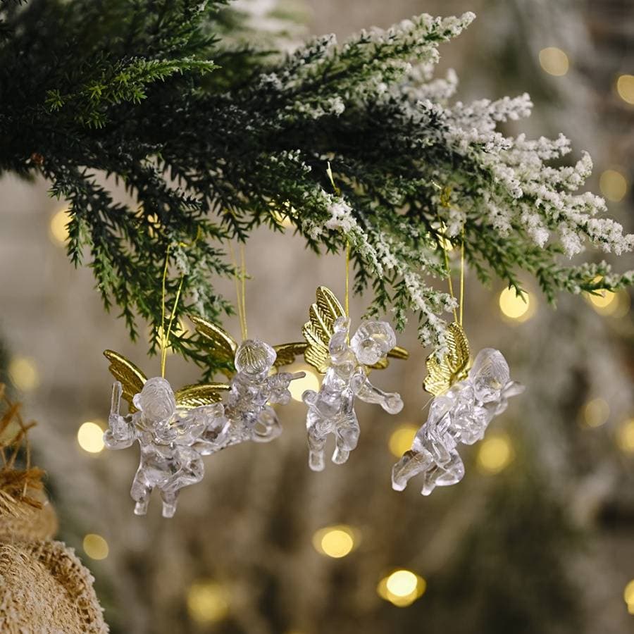 4pcs/Pack Christmas Mini Angel Pendant Christmas Tree Decoration Wings Angel Pendant Transparent Acrylic Home Store Decoration Window Pendant