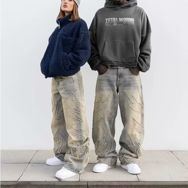 Men's Clothing Retro Flame Stitching Wide Leg Jeans Y2k Hip Hop Punk Raw Edge Embroidery Jeans