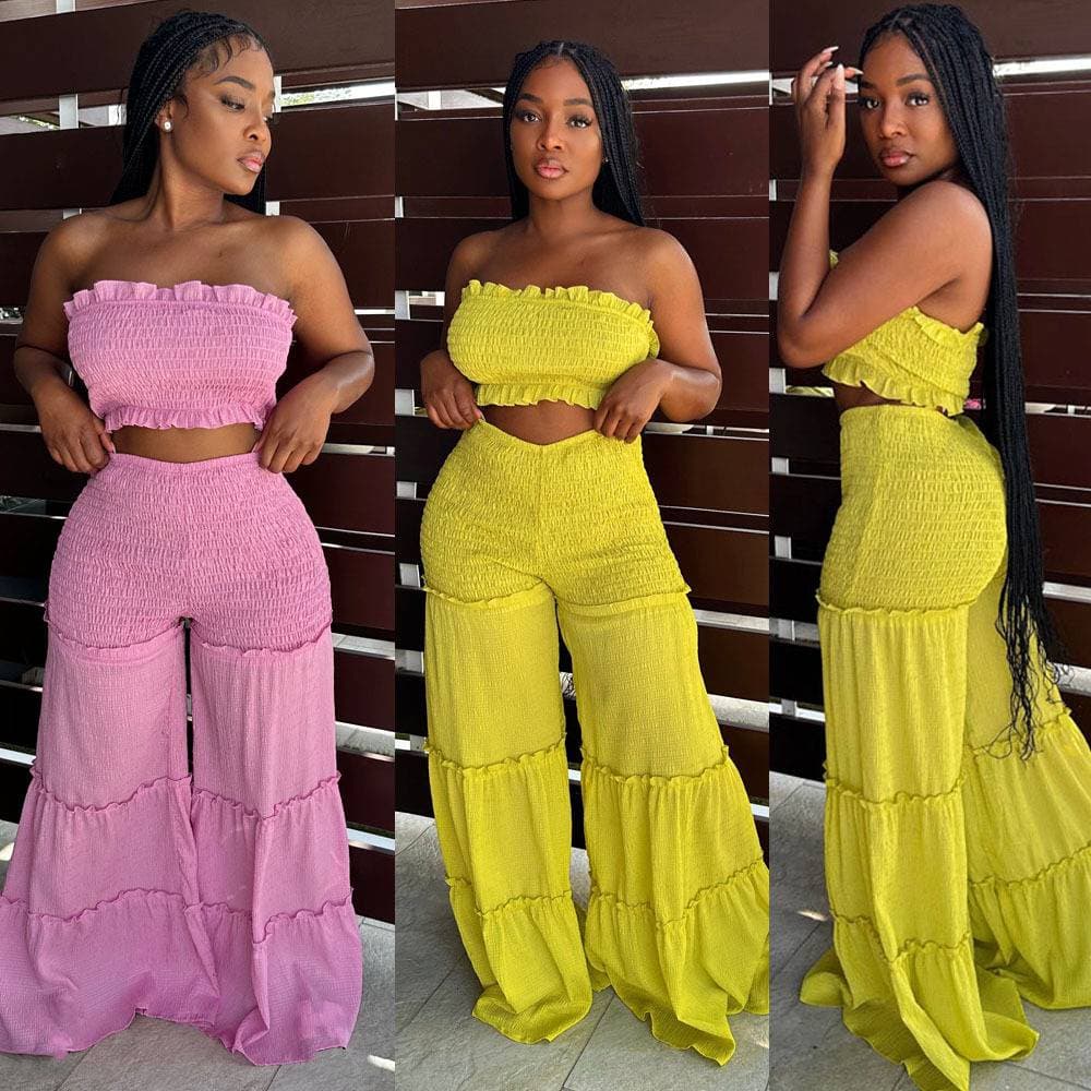 Two Piece Set Of European And American Sexy Bubble Crepe Fabric With Black Fungus Edge Splicing And Strapless Pants