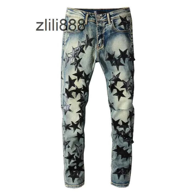 US Drip High Streetwear Distressed Blue Stars Patchwork Skinny Stretch Hole Ripped Jeans