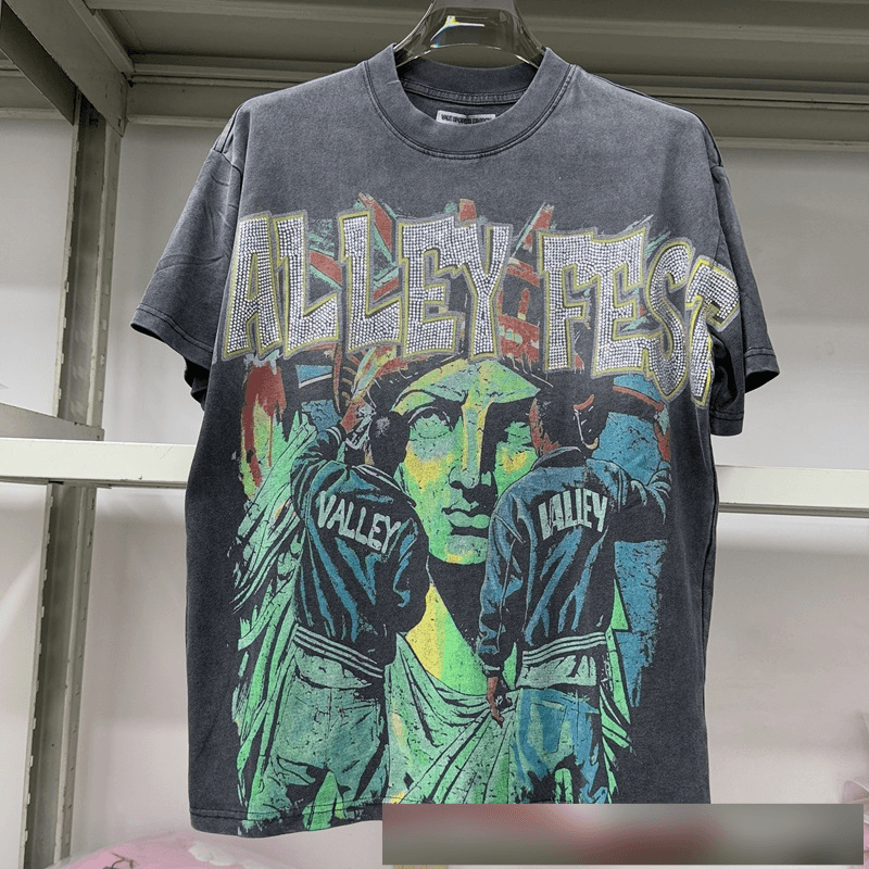 25ss Vale Forever Valley Fest Bling Tee Hot Diamond Washed Distressed Short Sleeved T Shirt For Men