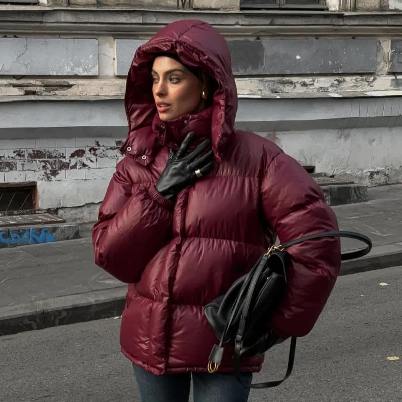 Women's Clothing Elegant Women's Cotton Jacket With Stand Collar & Zipper Closure - Stylish Winter Coat For Commuting & Casual Wear (Burgundy, S/M/L)