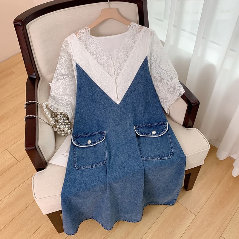 Women's Clothing Plus Size Women's V Neck Lace Stitching Denim Dress XX2522
