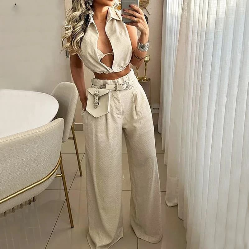 [Cotton Linen] Women's Fashion Solid Color Lapel Sexy Sleeveless Top Casual Pants Suit