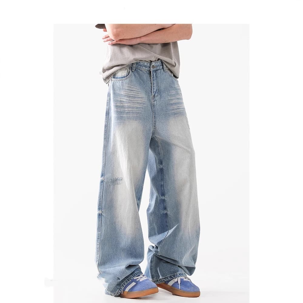 Men's Clothing Retro Washed Glacier Blue Jeans Cleanfit Casual Loose Straight Stacked Trousers