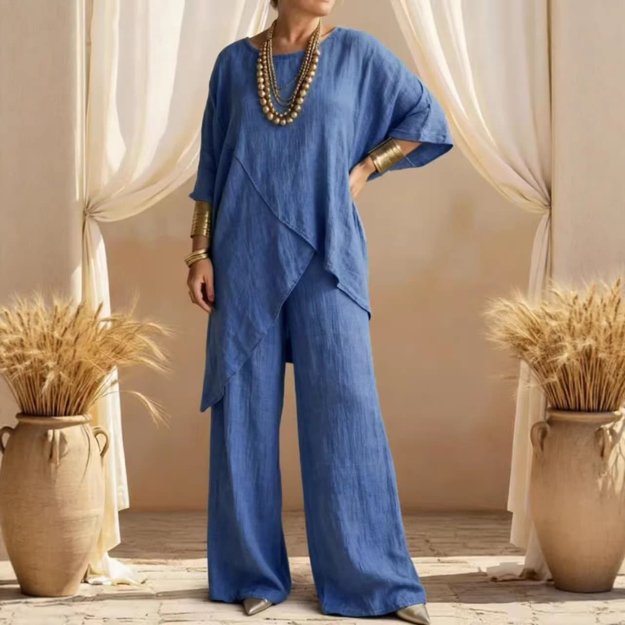 Summer New Women's Two Piece Set Cotton Linen Round Neck Sleeve Casual Irregular Hem Loose Fit