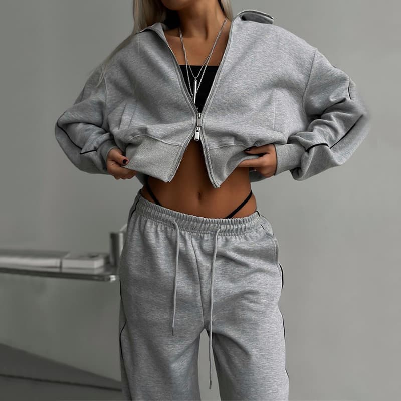Trendy Streetwear Suit Set For Women - Long Sleeve Blazer & Cropped Pants With Zip Detail (Grey/White/Green/Red, S-XL)​