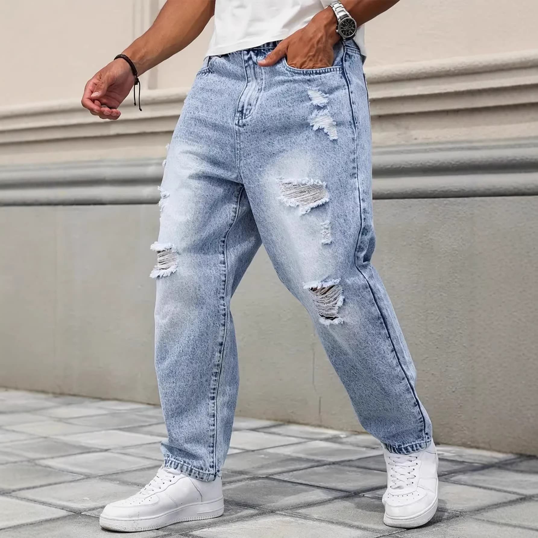 Men's Clothing Straight Leg Non-Stretch Light Blue Bicycle Style Classic Fit With Modern Appeal Ripped And Distressed Denim Jeans