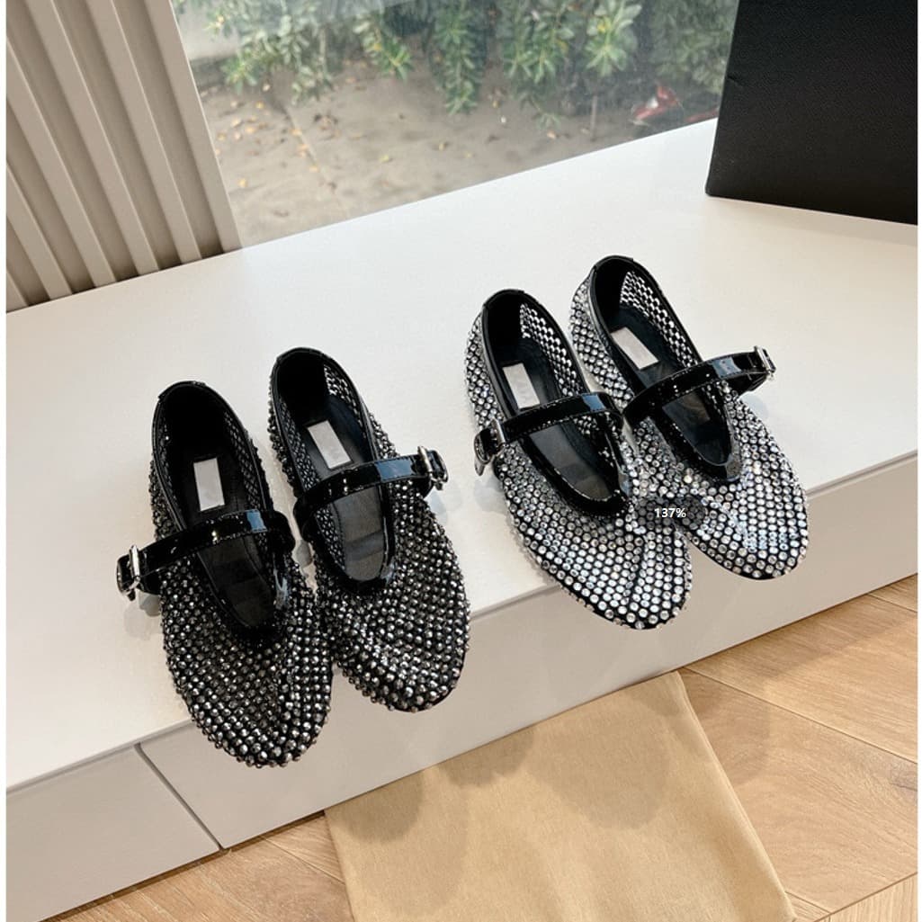 High version 2024 spring mesh one line buckle ballet shoes women's rhinestone flat shoes hollow fishnet Mary Jane single shoes
