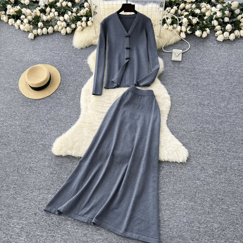Women's Clothing Temperament Elegant Two-Piece Women's Autumn Outfit Soft V-Neck Cardigan Long Sleeve Knit Top High Waist Sweater Skirt Set​