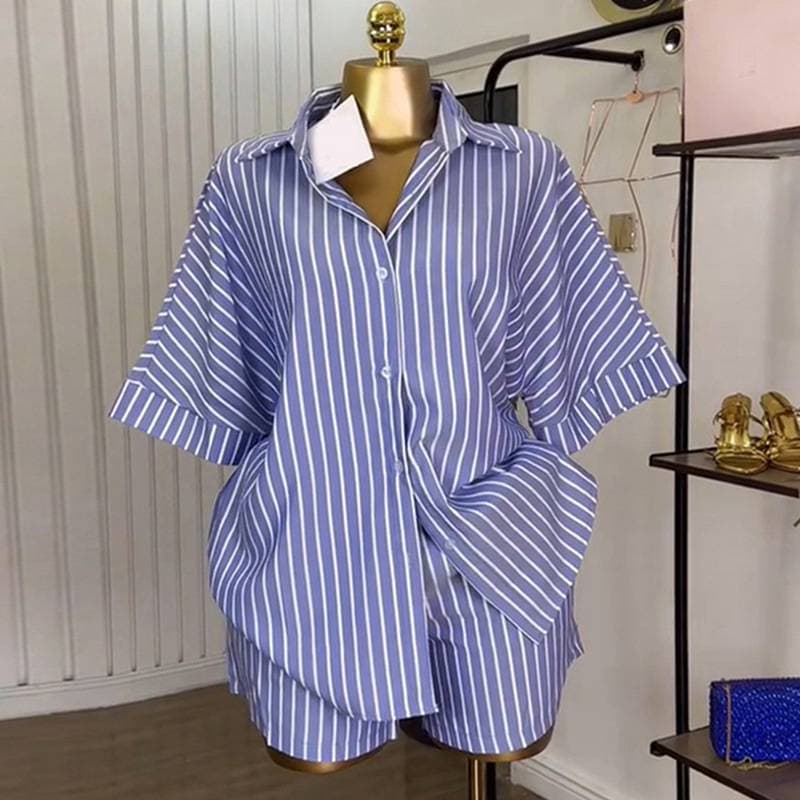 Women's Blue Striped Long Sleeved Shirt Casual Suit With Waist Belt European American Style Lapel Fashion Summer New