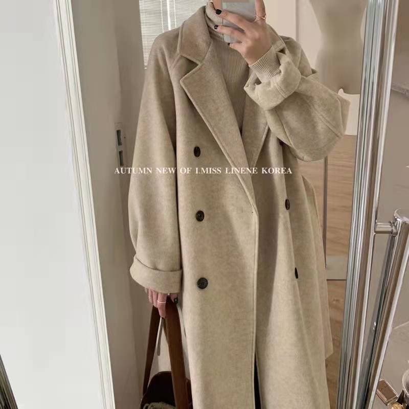 Elegant Long Wool Coat For Women - Oversized Audrey Hepburn Style Winter Trench Coat With Double Breasted Design