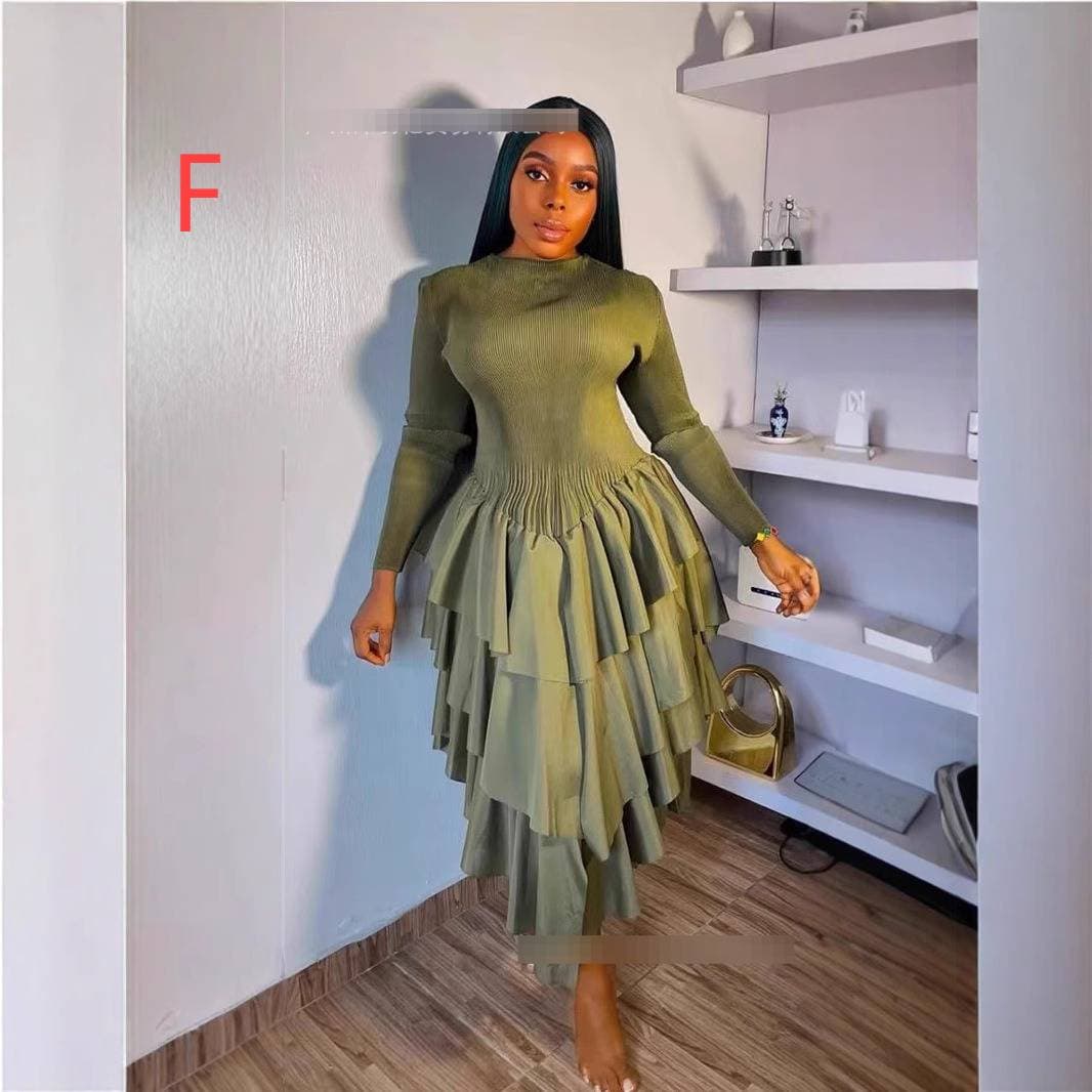 Women's Clothing Plus Size Clothes High Neck Long Sleeve Slimming Cake Skirt Plus Size Designer Clothing Summer Thin Polyester Beach Style Casual