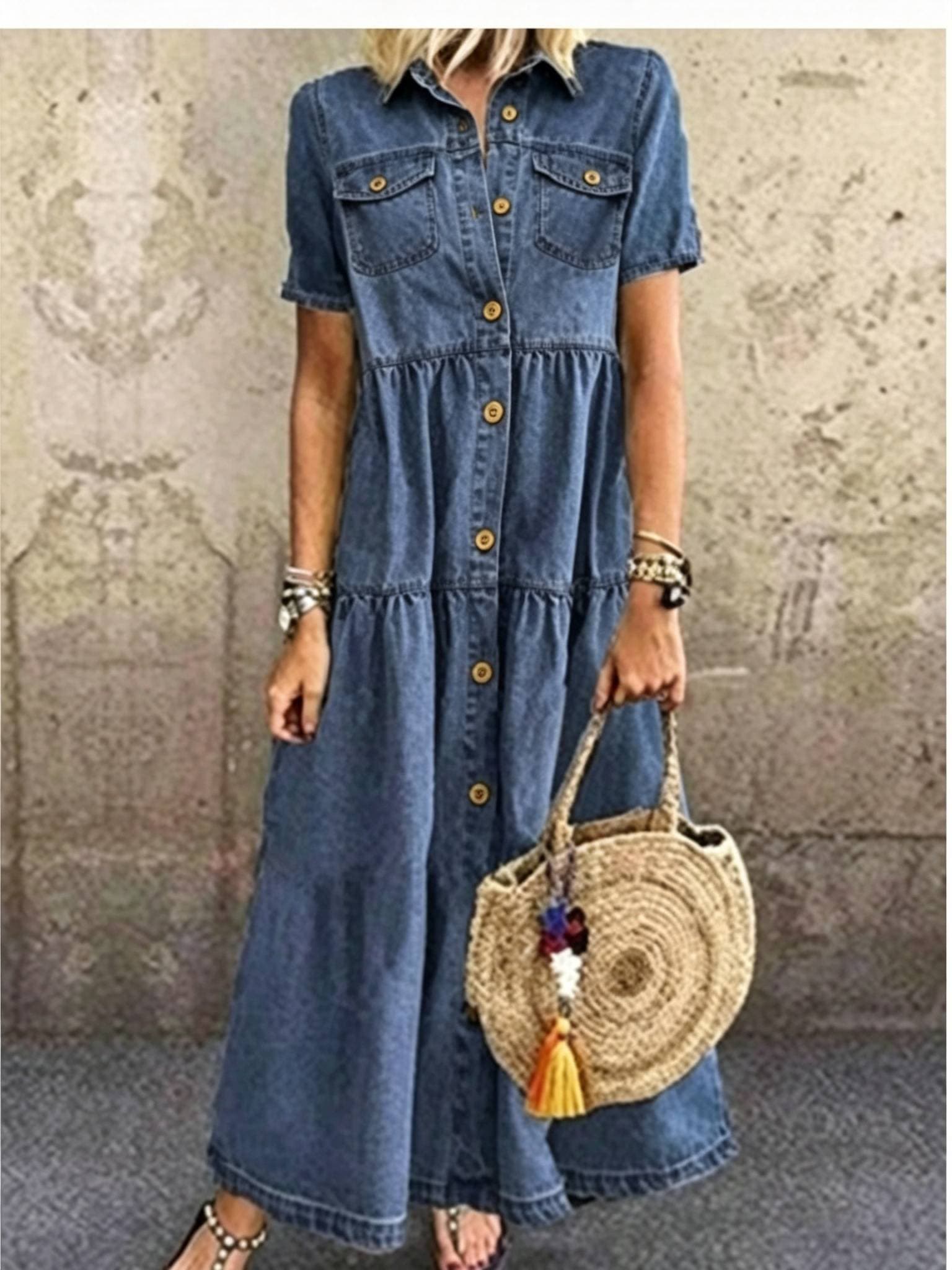 Women's denim style long multi-button distressed dress