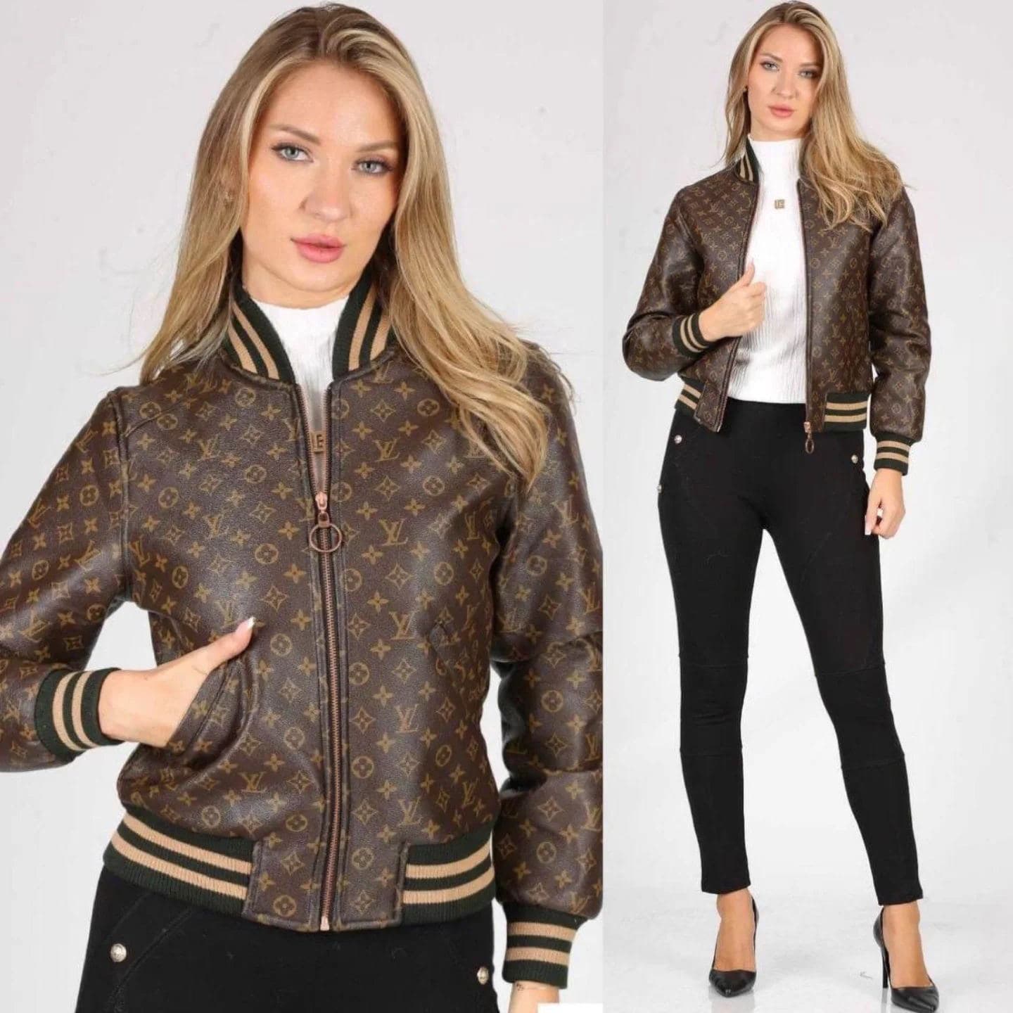 Veste bomber courte décontractée en cuir PU imprimé rétro pour femme LV, manches longues, fermeture éclair, ourlet côtelé, idéale pour les so