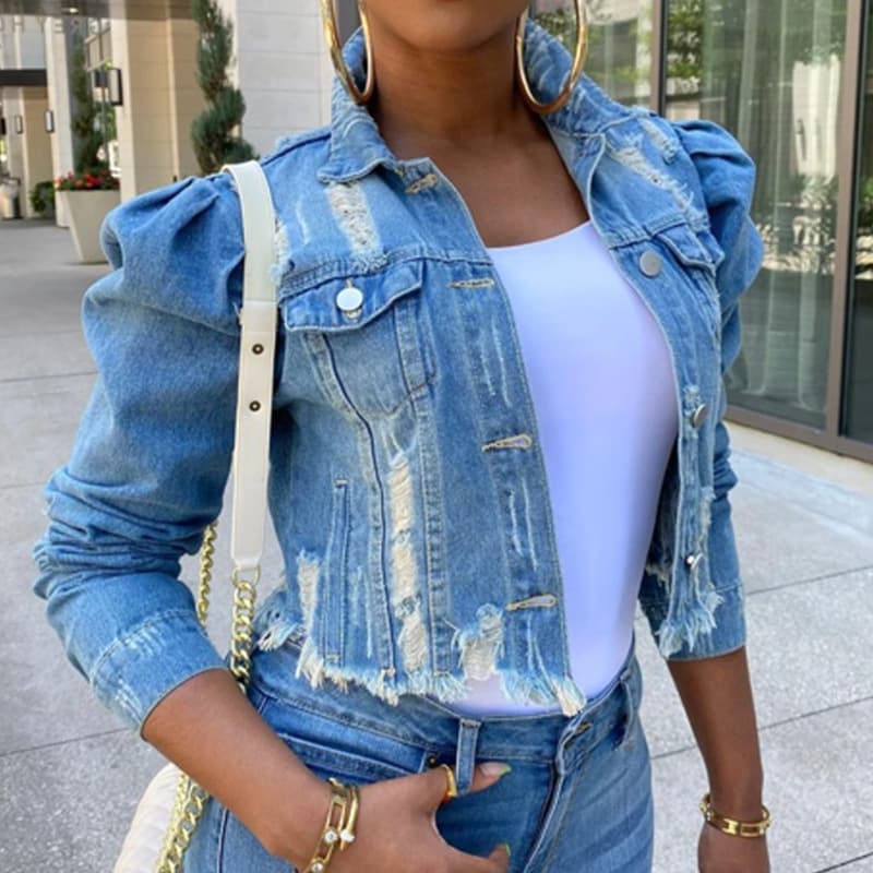 short frayed denim jacket for women puff sleeve denim jacket