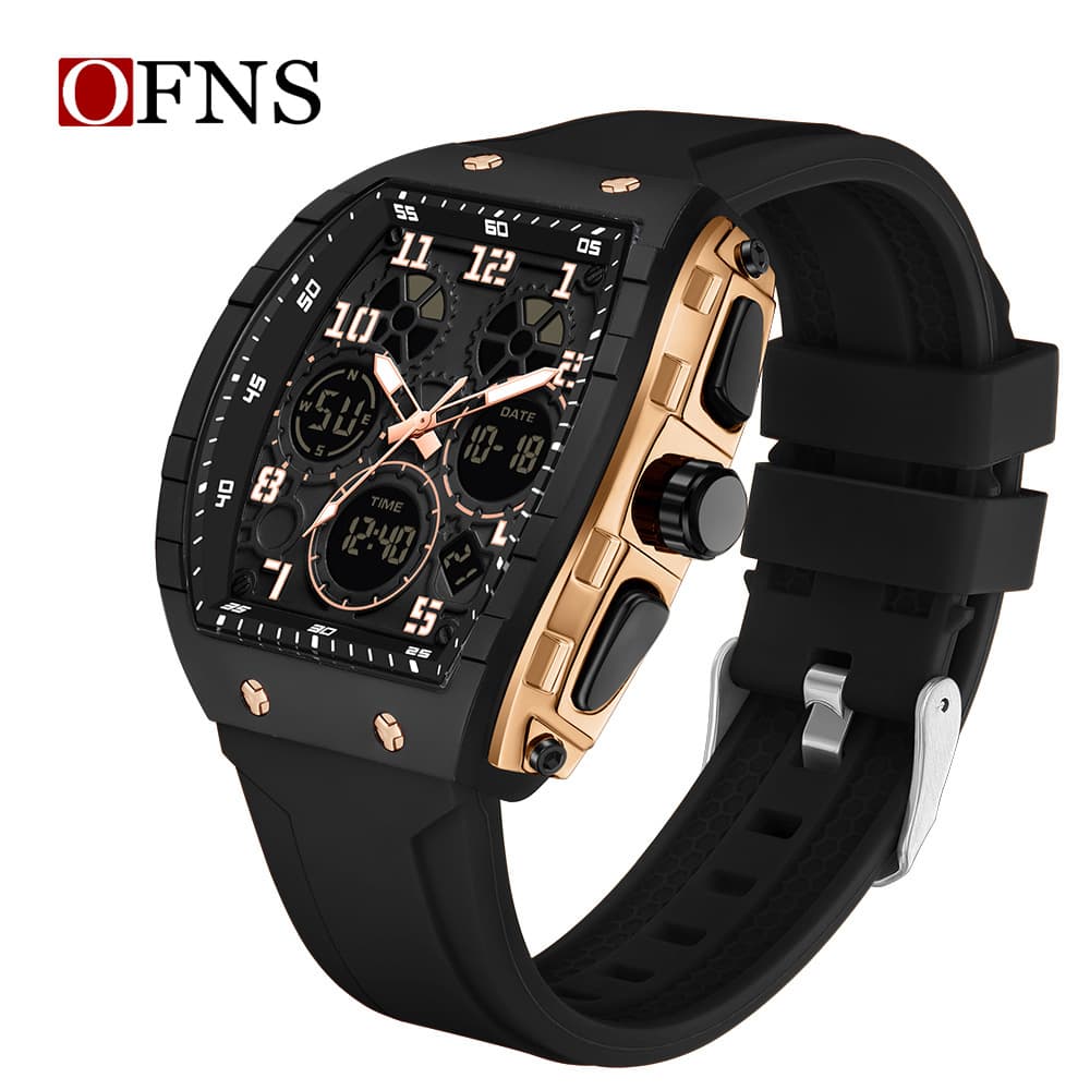 Montre de sport multifonctionnelle à double affichage pour homme avec alarme, chronomètre, étanche et lumineuse. Design élégant en forme de tonneau, style décontracté et actif.