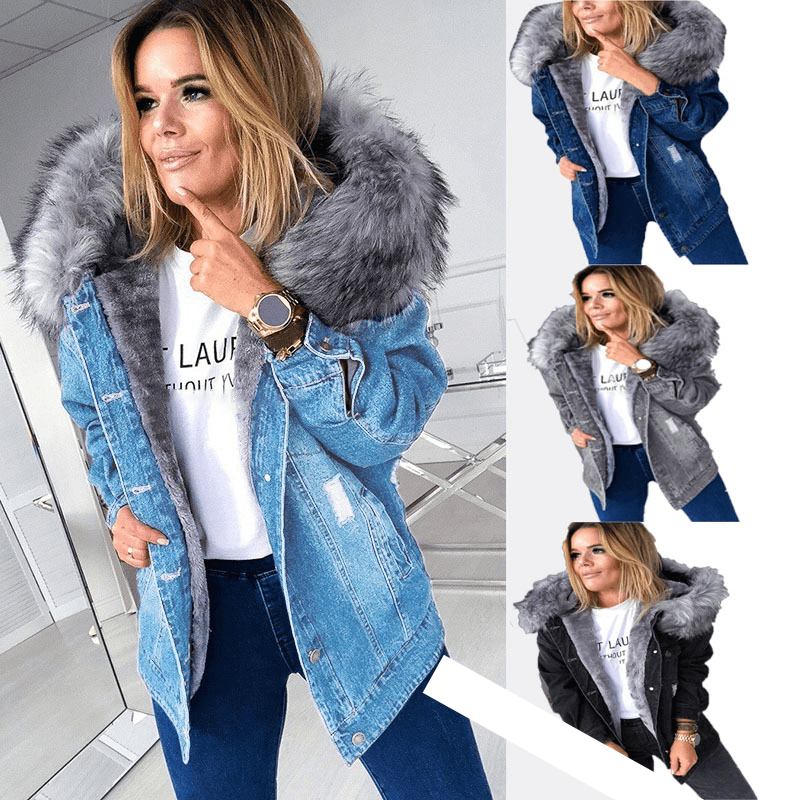 Women's Clothing new plus plush collar women's slim cotton denim jacket