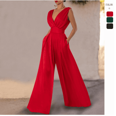 Women's Solid Color V-neck Sleeveless Long Skirt Shoulder Flower Dress For Women