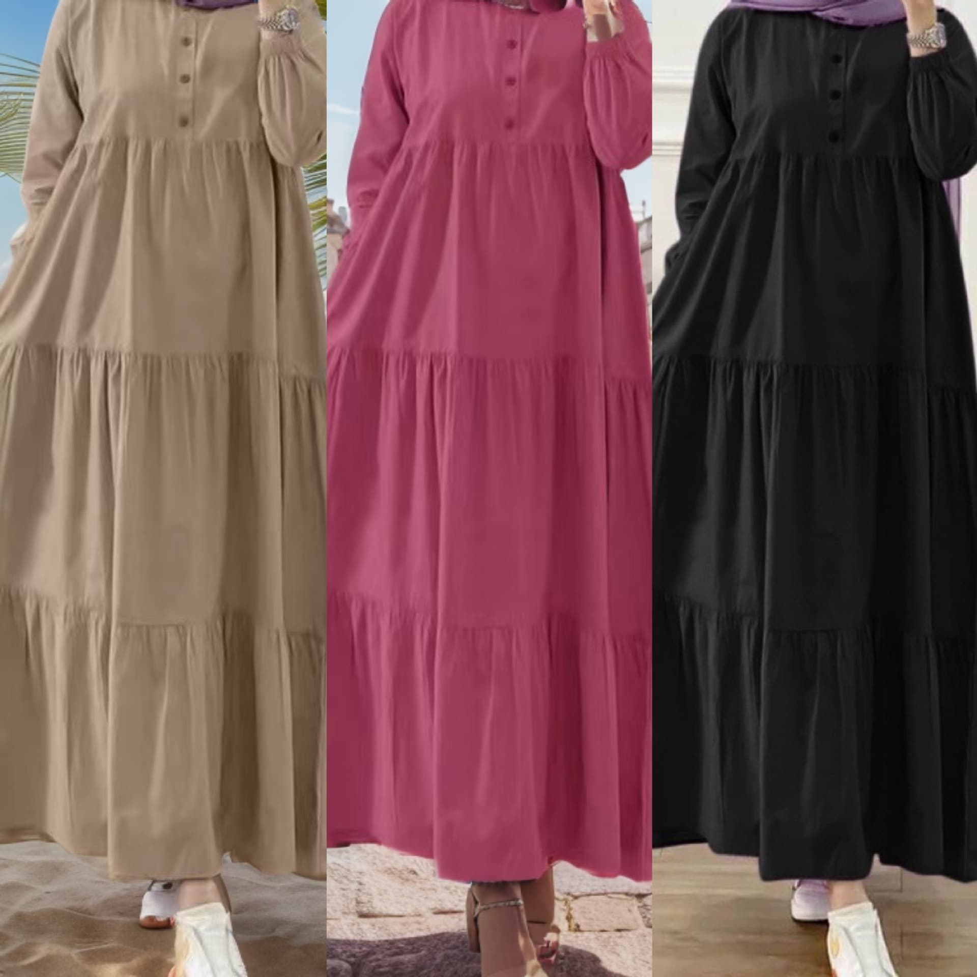 Women’s Clothing new Muslim solid color loose casual button neck long sleeved cotton and linen dress