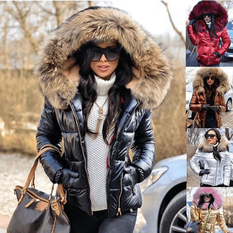 Women's Fashionable Large Fur Collar Shiny Cotton Jacket