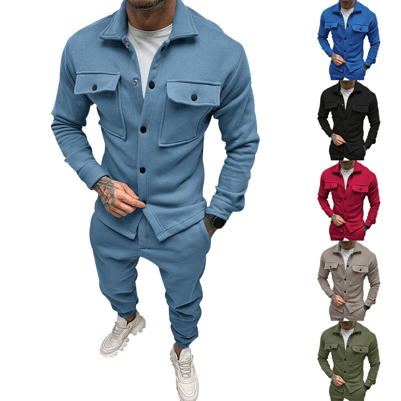 Men's clothing button suede casual jacket pants 2-piece set