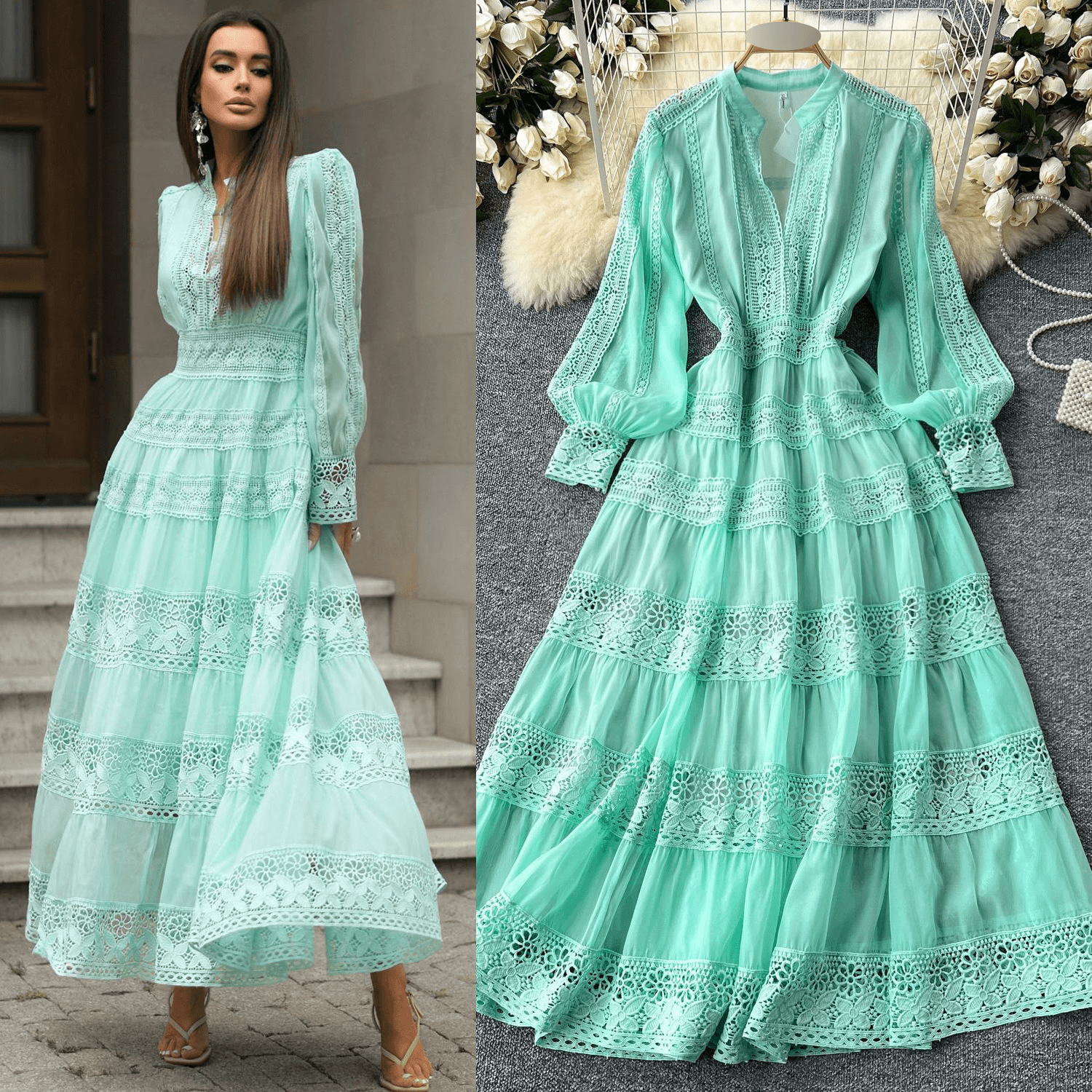 Women’s Clothing French Retro V Neck Lace Patchwork Waist Long Sleeves Big Swing Dress For Women, Slim And Elegant Long Skirt