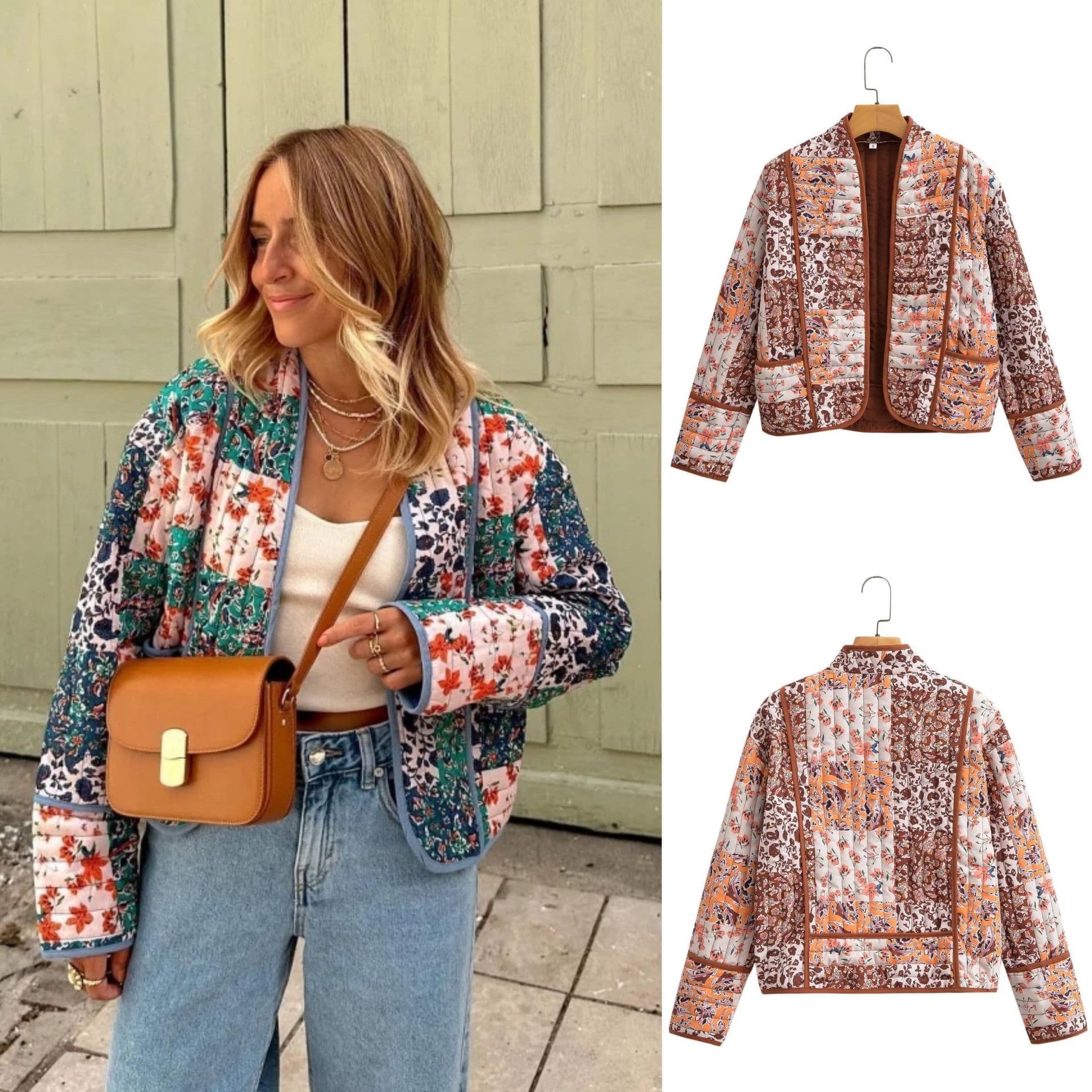 Women's Summer Street Fashion Printed V-Neck Cotton Blend Jacket - Casual Elegant Outerwear For Women (Caramel, Blue)​
