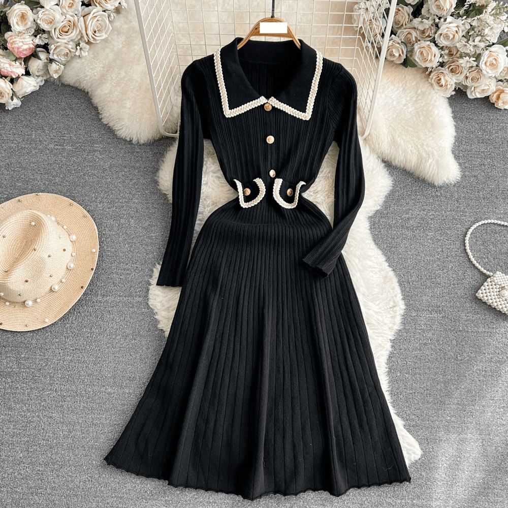 Women's Clothing celebrity temperament contrast color long sleeves baby collar waist slimming medium long A line large swing knitted dress