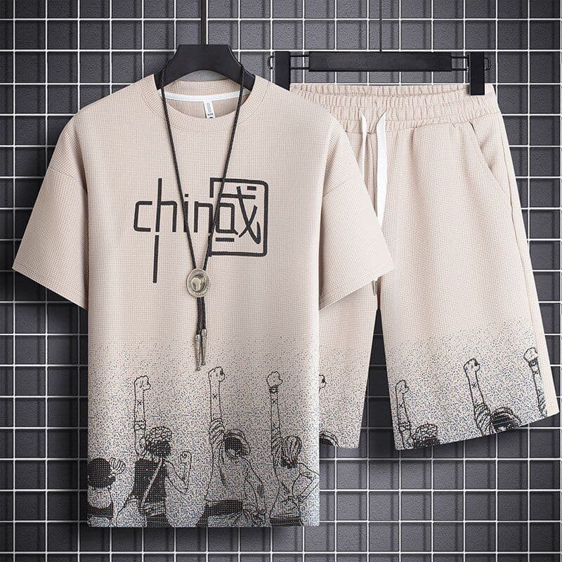Waffle Short Sleeve T-Shirt For Men Summer Thin Trendy Loose Shorts Casual Versatile Youth Sports Set