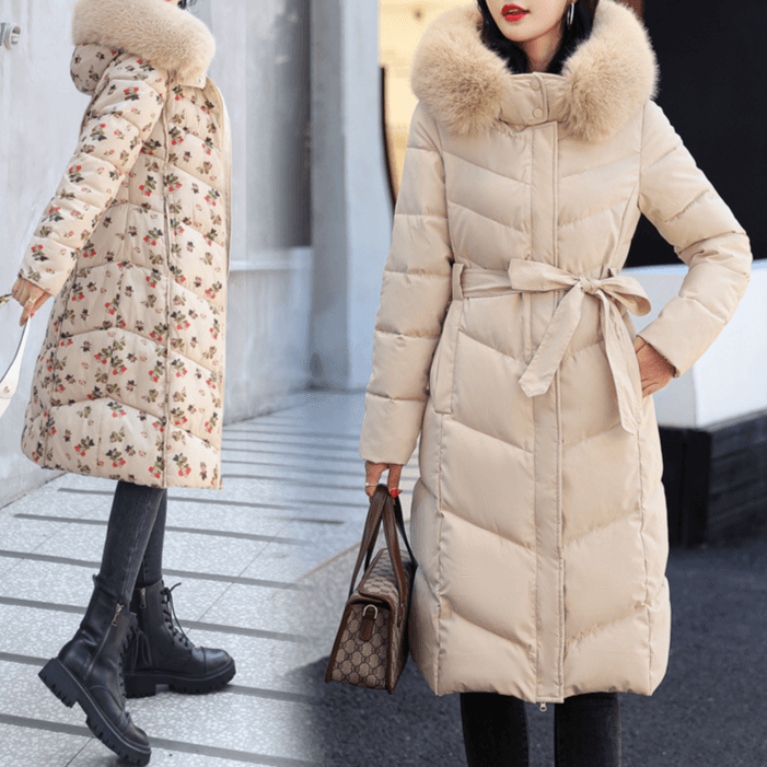 Women's Clothing Wear Two Sides Long Over The Knee Large Wool Collar Padded Jacket Korean Version Hooded Warm Jacket