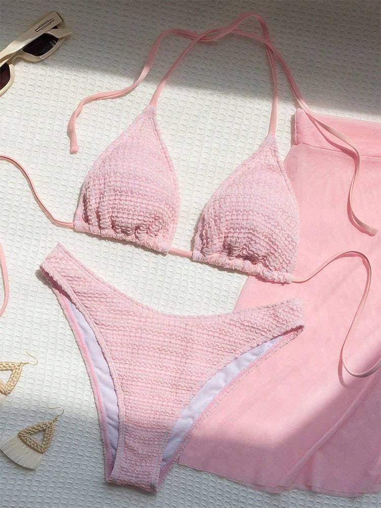 Women's Clothing Pure Color Mesh Three Piece Swimsuit Lace Up Sexy Beach Bikini Swimsuit Women Summer
