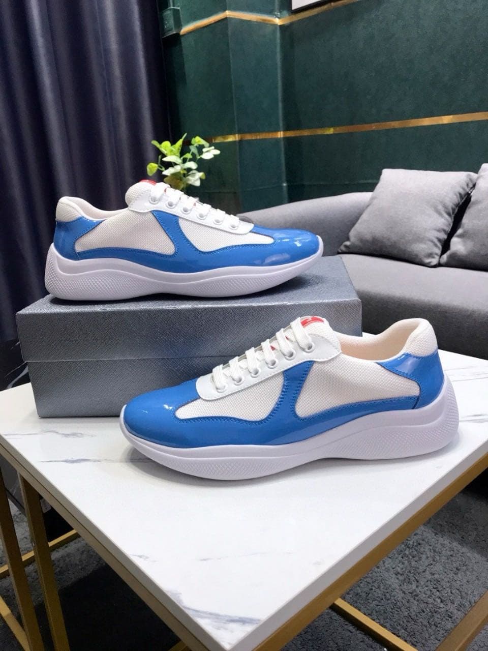 Baskets en cuir, chaussures plates vernies noires et bleues en nylon et maille, chaussures décontractées 888