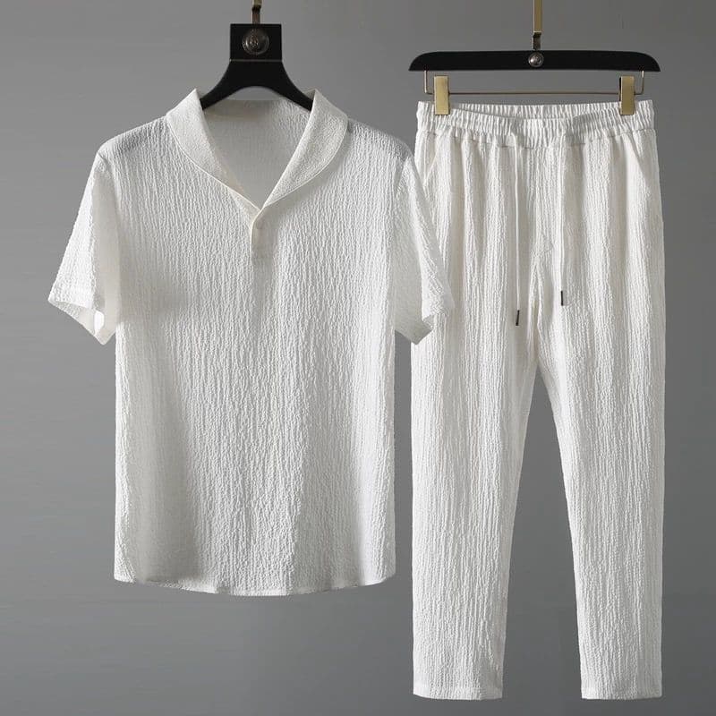 Men's Clothing men's Summer Bark Texture Tracksuit Set - Trendy Short Sleeve & Long Pants Casual Outfit (lightweight Streetwear Style)