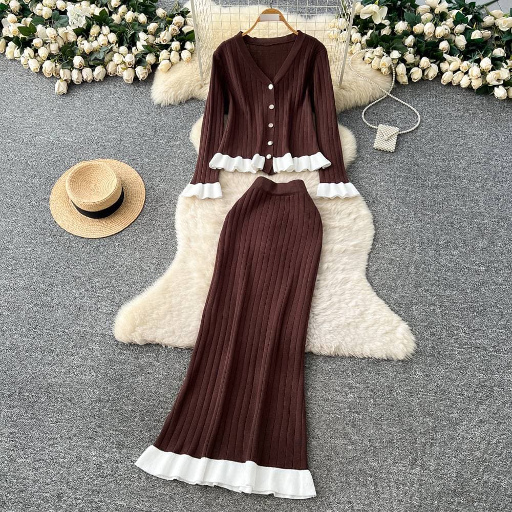 Inspired Knit Two-Piece Set – Elegant V-Neck Top & Bodycon Skirt (One Size, 4 Colors)​