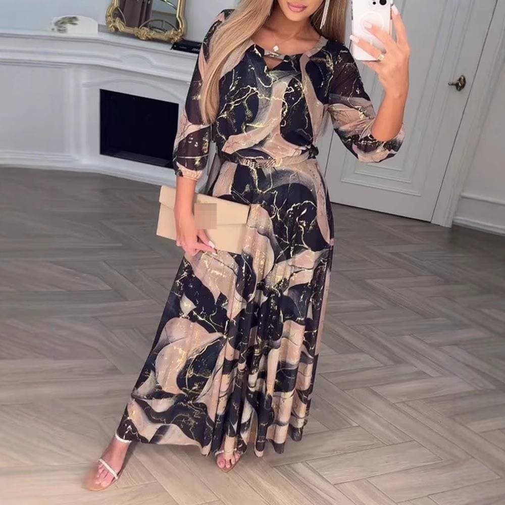 ​​"Elegant Three-Quarter Sleeve Printed Dress For Women – Slimming Waist Design, Lightweight Polyester, Versatile Casual Style"​​
