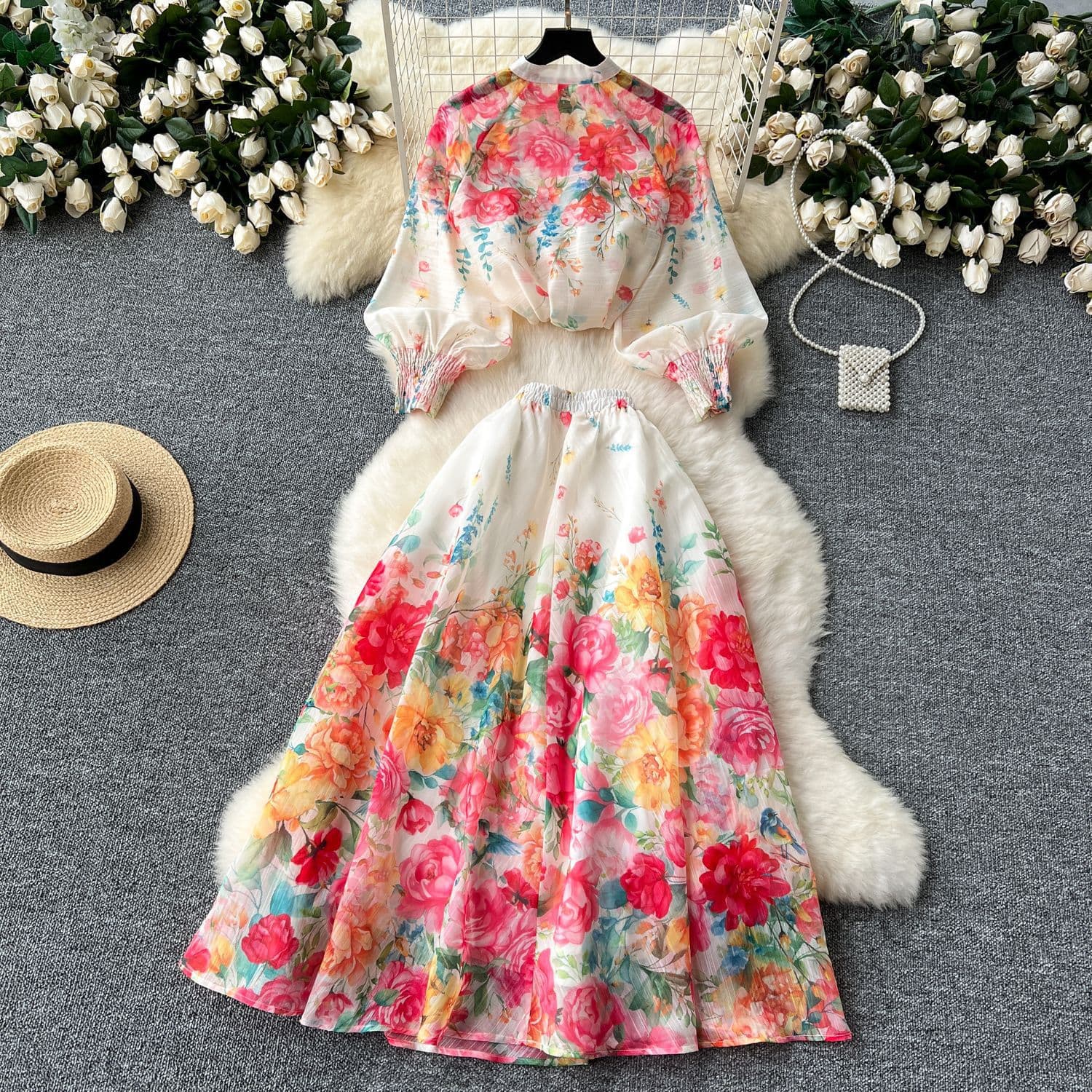 Elegance 2-Piece Set – Floral Print Mesh Skirt & Puff Sleeve Blouse, High-Waisted Summer Outfit (S-XXL, 3 Colors)