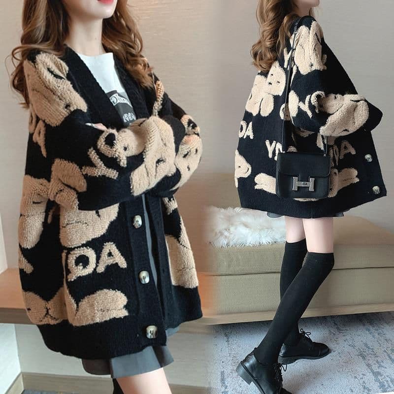 2021 winter knitted women's cardigan loose Street knitted sweater coat lovely cartoon embroidery V-neck cardigan women's