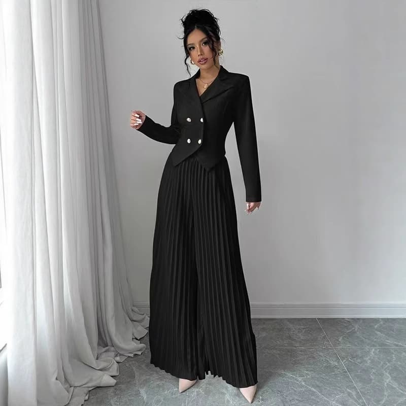 Women's Fashion Pant Set Pleated Skirt And Pants Two-Piece Casual Mid Waist Full Length Cotton Polyester