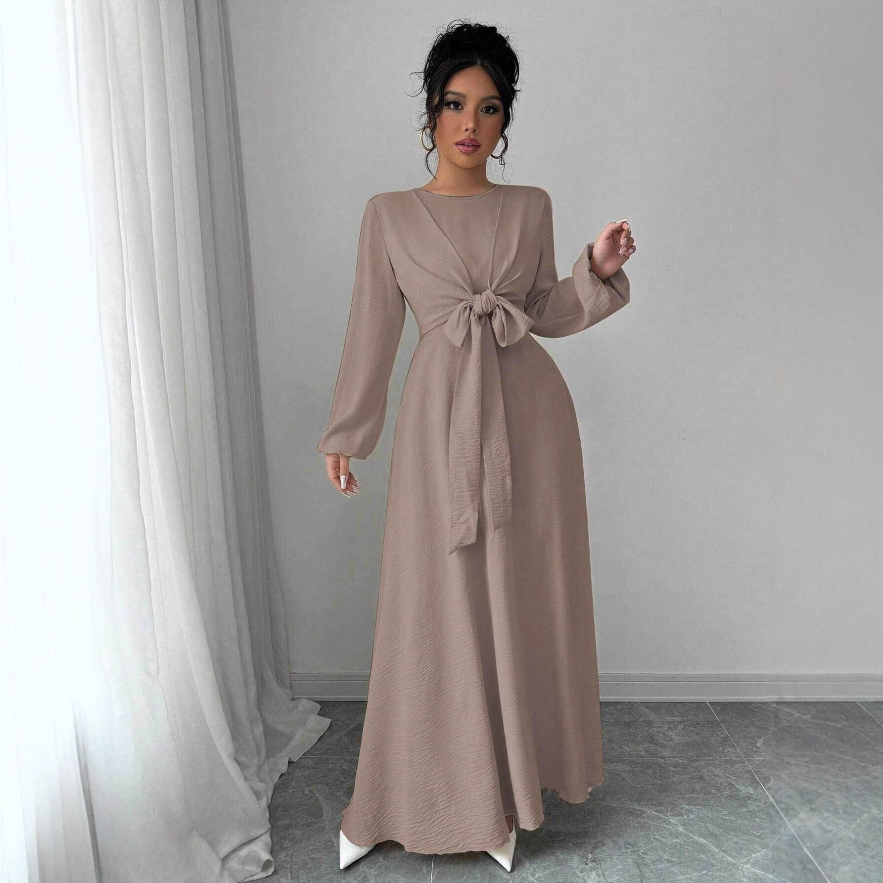 Elegant Solid-Color Abaya Dress With Lantern Sleeves & Adjustable Belt – Modest Muslim Kaftan Robe (Lilac/Beige, S/M/L Sizes)​