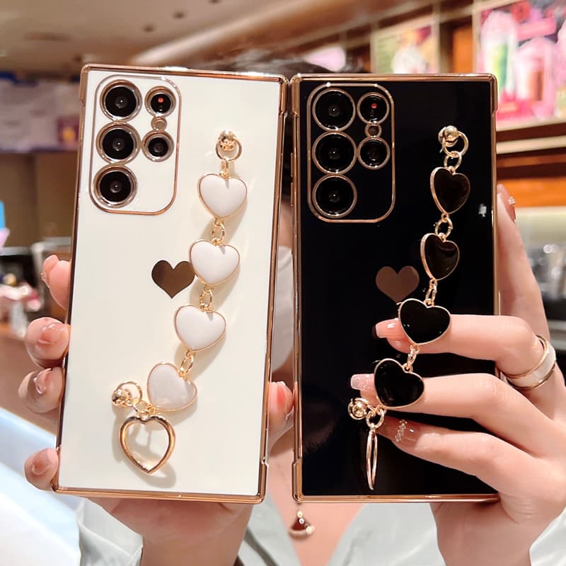 Plating Silicone Love Heart Bracelet Case For Samsung Galaxy S23 S22 S21 Ultra A52 A53 FE A54 A23 A12 A 52S 53 54 5G