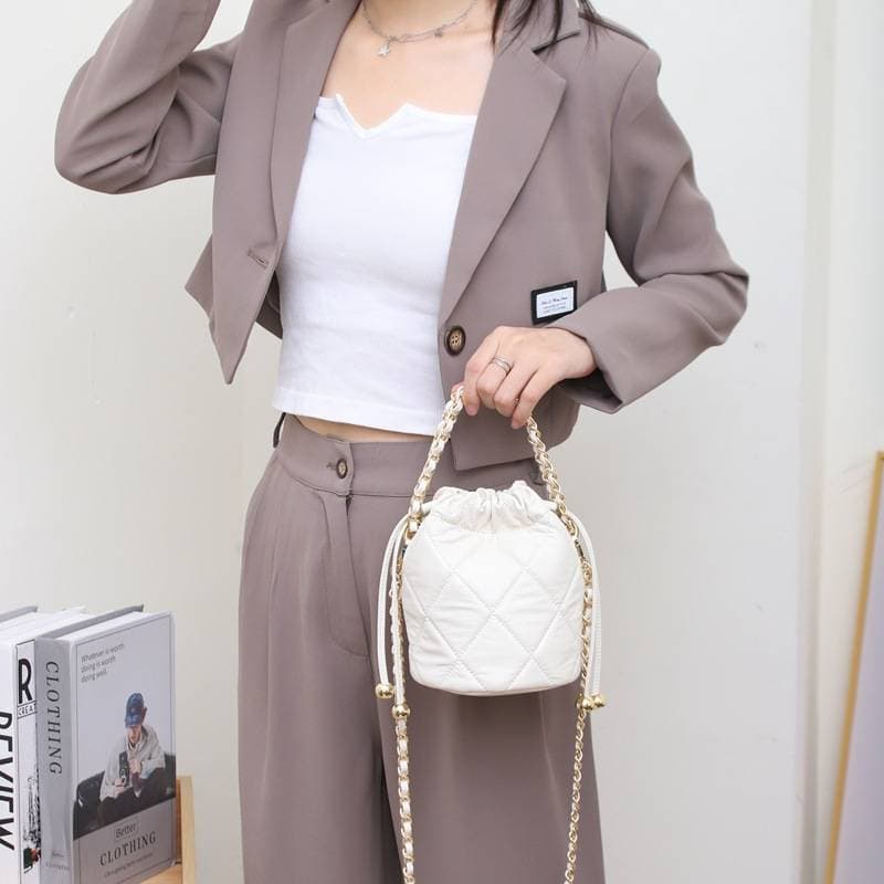 Leather Bucket Bag, Small Bag, Small Fragrance Style, Golden Ball Chain, Cowhide Crossbody Bag 9906