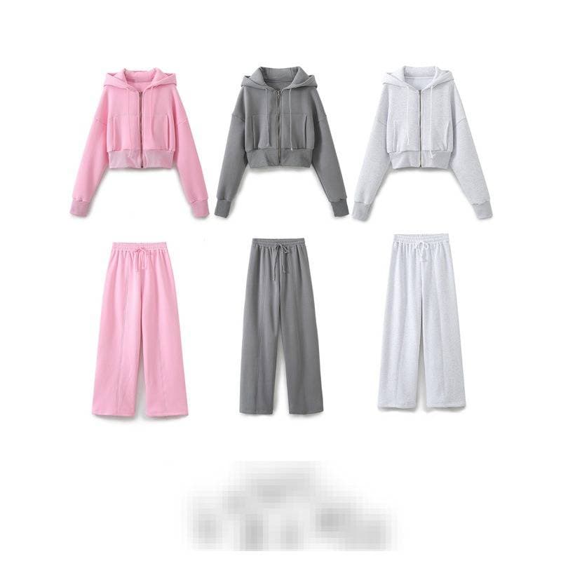 French Style Hooded Crop Top & Pants Set - Women's Casual Streetwear Outfit - Polyester Two-Piece Lounge Wear (White/Pink, S/M/L)​​