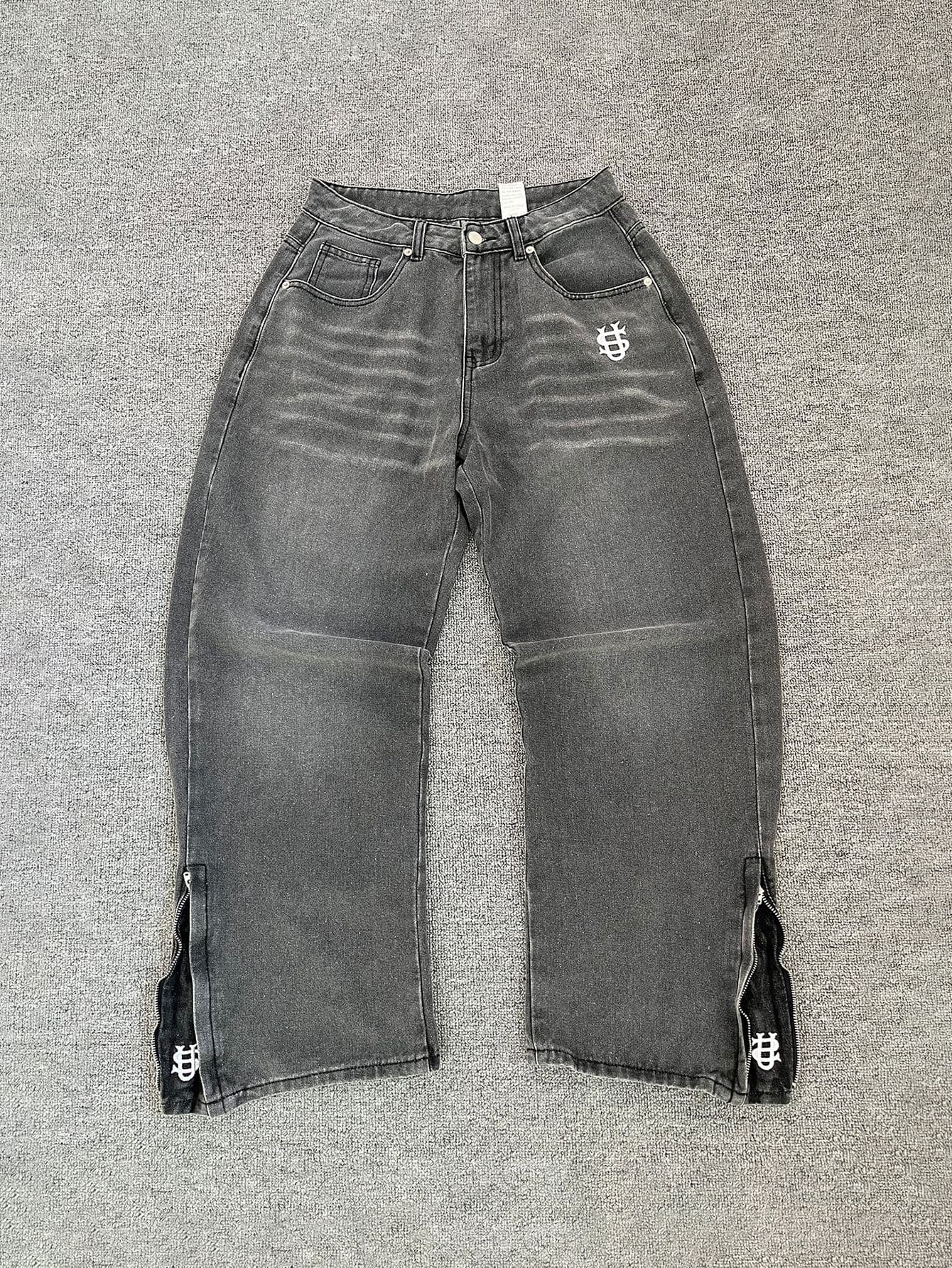 Men's Vintage Washed Embroidered Jeans - Straight Leg Retro Denim Pants With Artisan Detailing