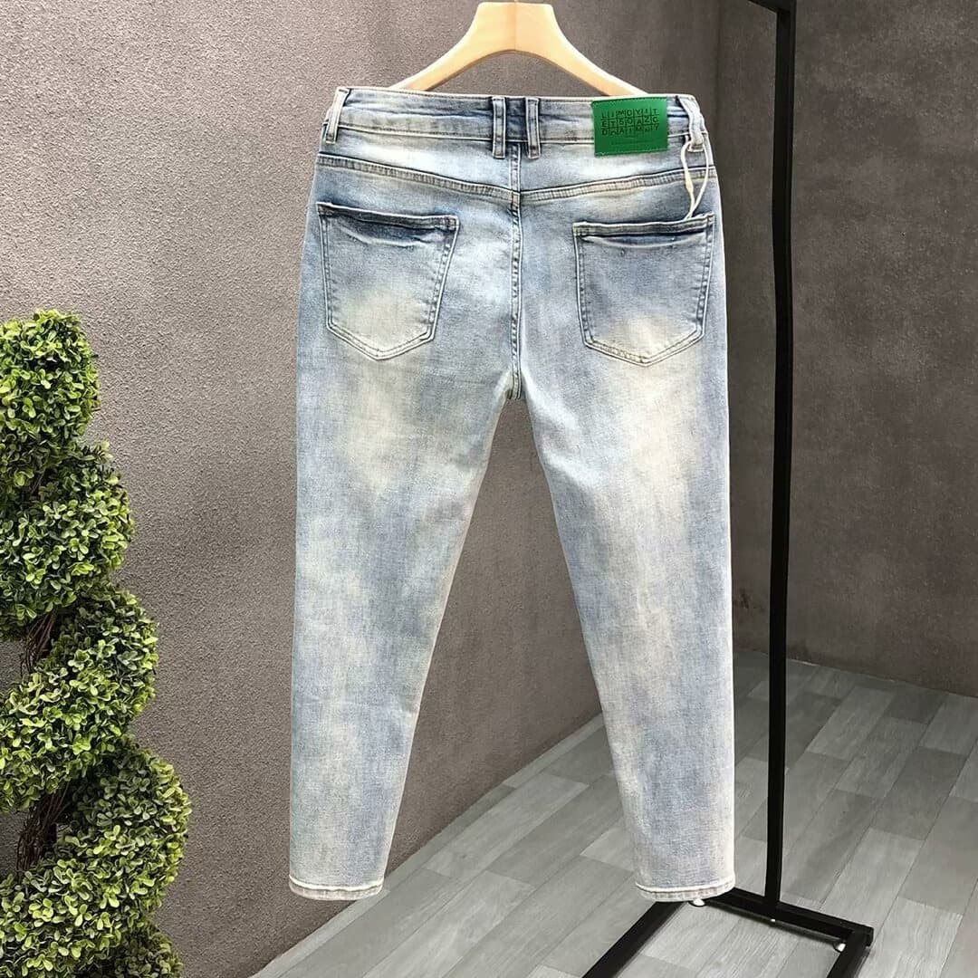European Men's Light Blue Ripped Embroidered Jeans Men's Trendy Elastic Slim Fit American High Street Trousers