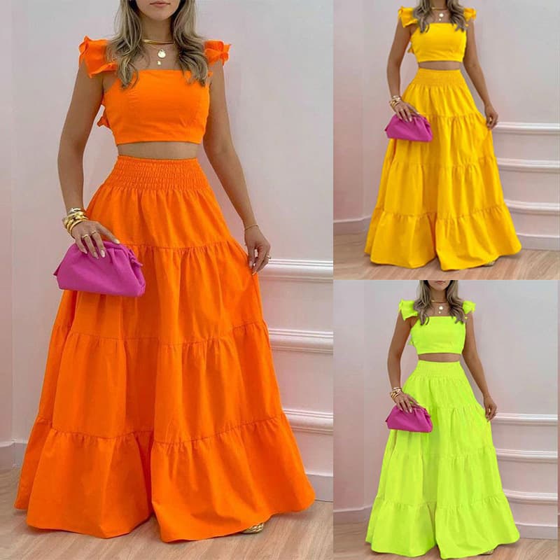 Women's Solid Color Mid-Waist Two Piece Set Sexy Strap Trendy Dress Spring/Summer Casual Ankle-Length Straight Skirt