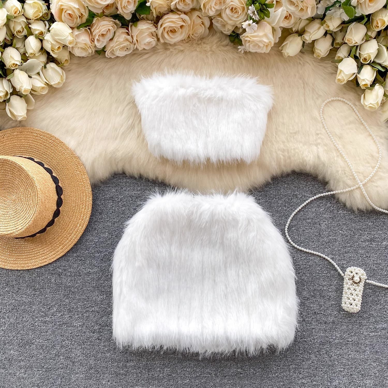 Women's Clothing hot girl style suit sexy tube top short hip skirt fur two piece suit for women