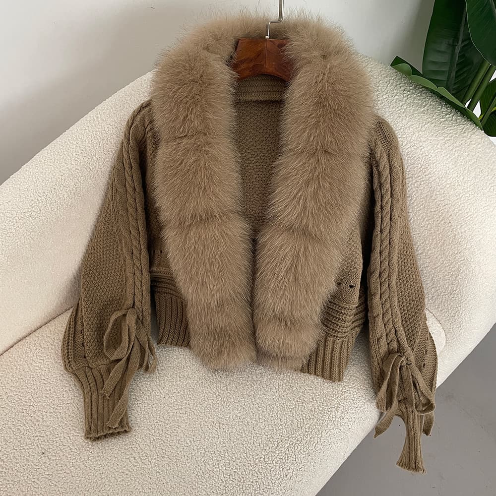 Women's Clothing Tops High end Spring Real Fox Fur Front Cardigan Knitted