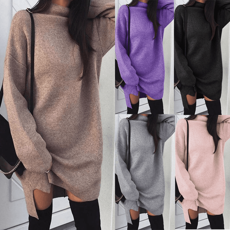 Women's Basic versatile loose knitted turtleneck slit dress