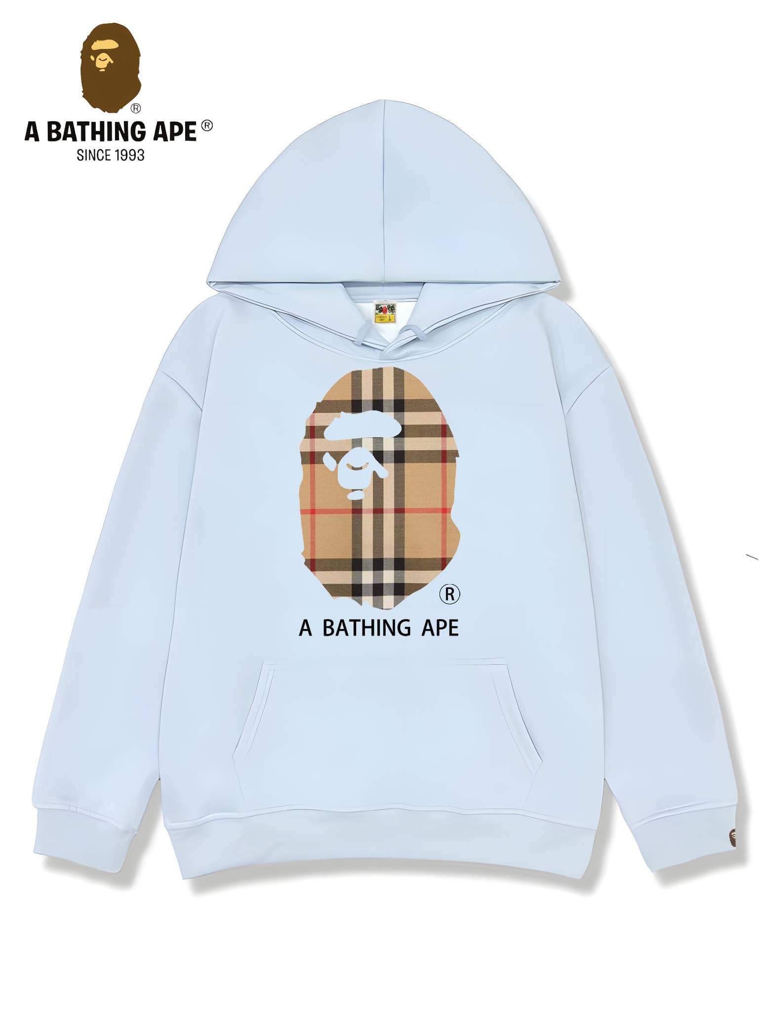 Sweat à capuche unisexe imprimé tête de singe à rayures et logo imprimé, collaboration BAPE-BAPE&BURBERRY